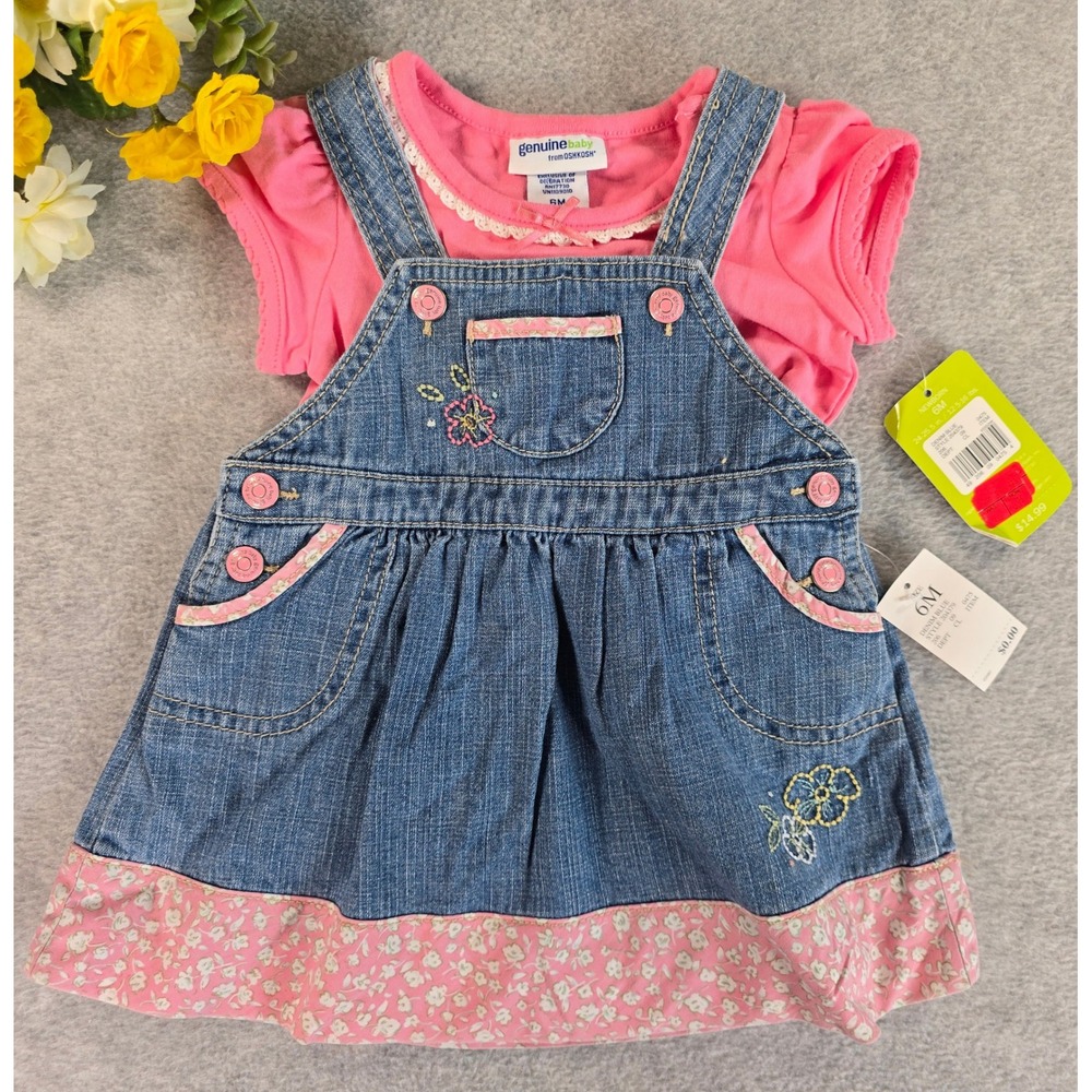 Genuine Baby OshKosh 6m Denim Jumper Dress Pink Bodysuit Floral Y2K Deadstock